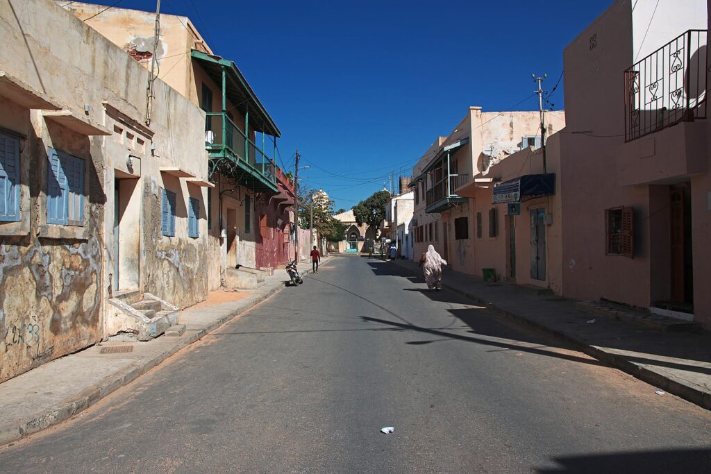 A street of colonial façades on the island of Saint-Louis, Senegal.