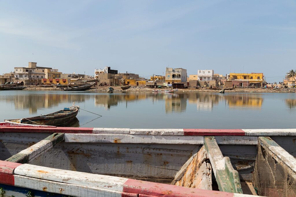 Fishing pirogues resting on the bank of the Senegal river at Saint-Louis.